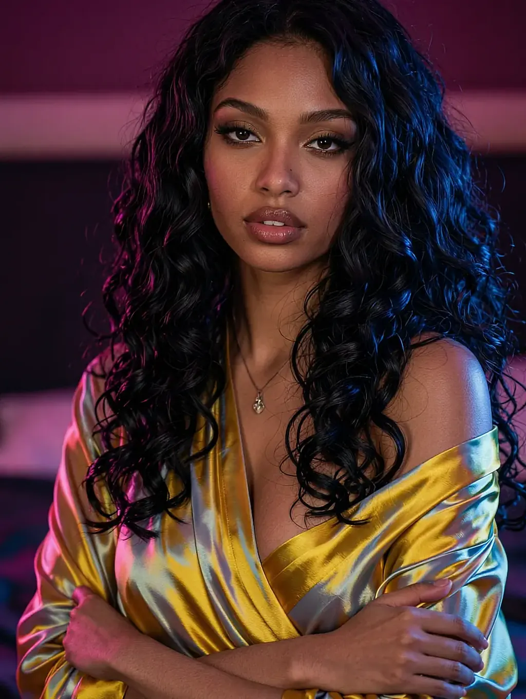 Fictional AI character in a yellow satin robe off one shoulder in a bedroom