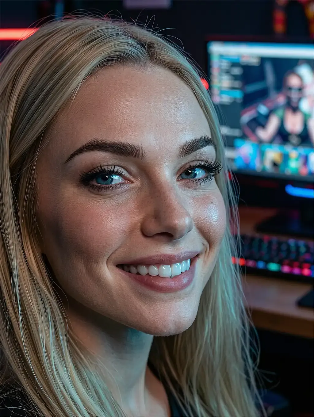 Fictional AI character smiling in close-up at a desk with a monitor behind