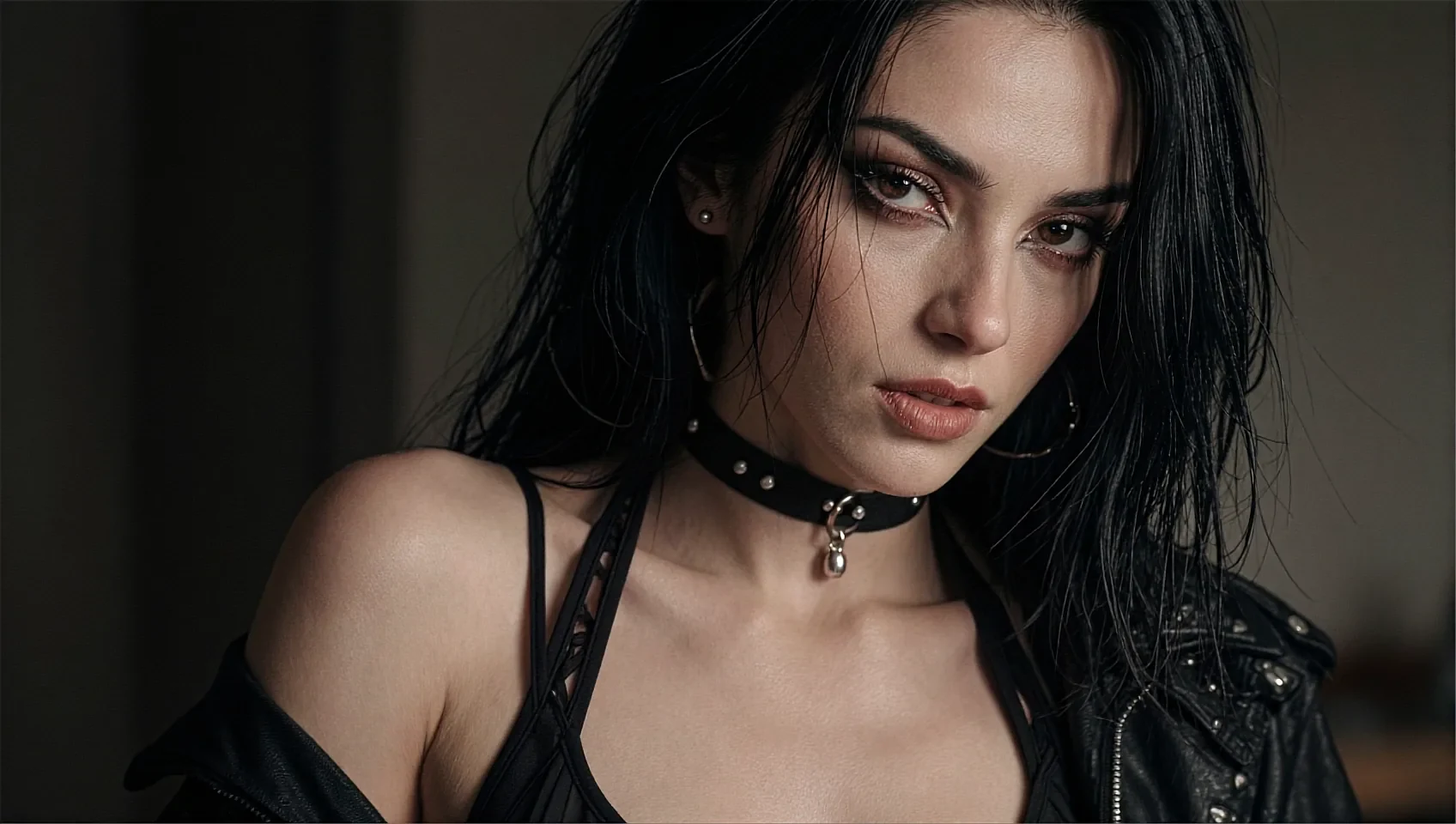 Fictional AI character with long dark hair and a choker in a dim, moody wide portrait