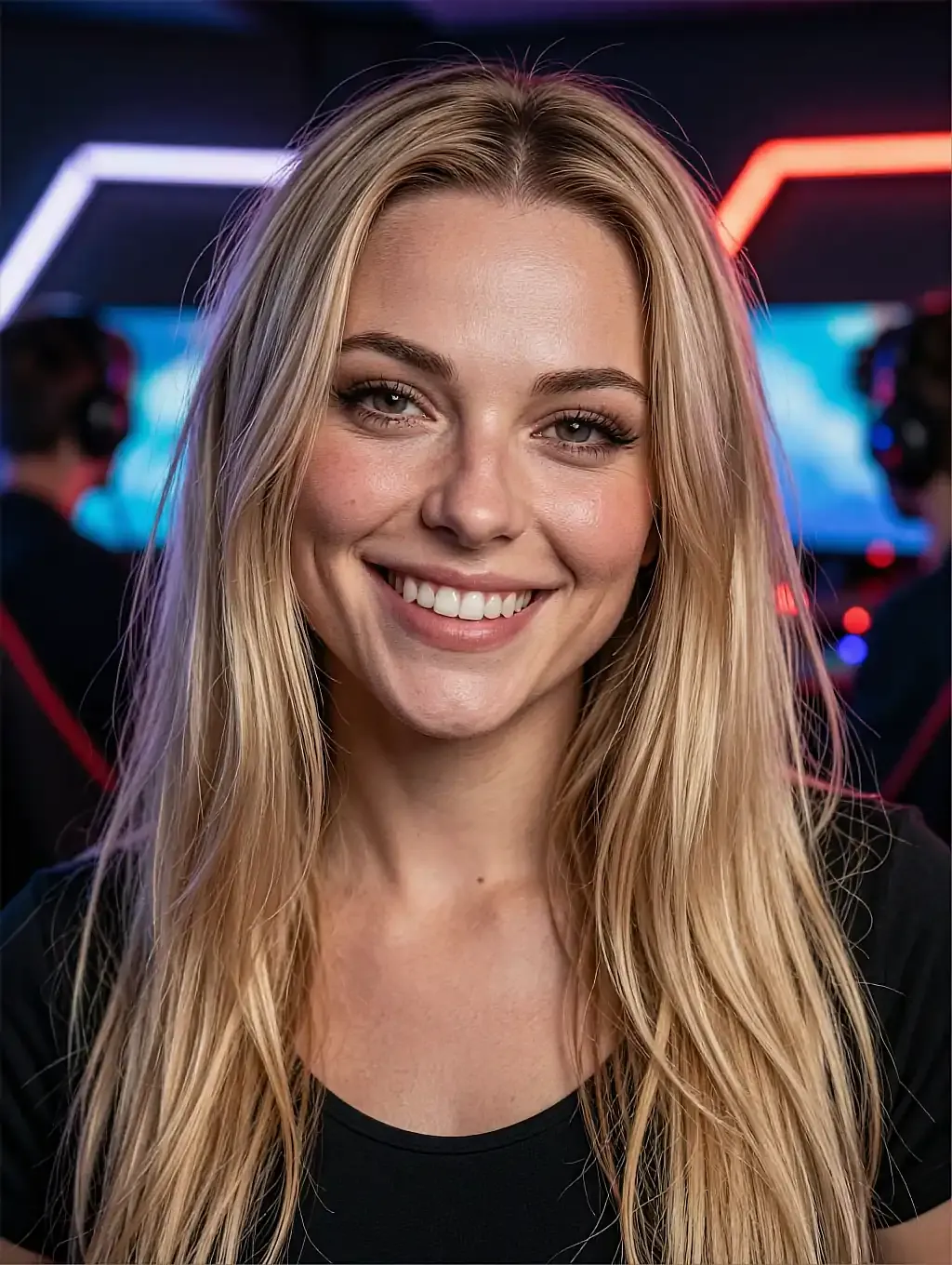Fictional AI character smiling in a black top with purple bokeh behind
