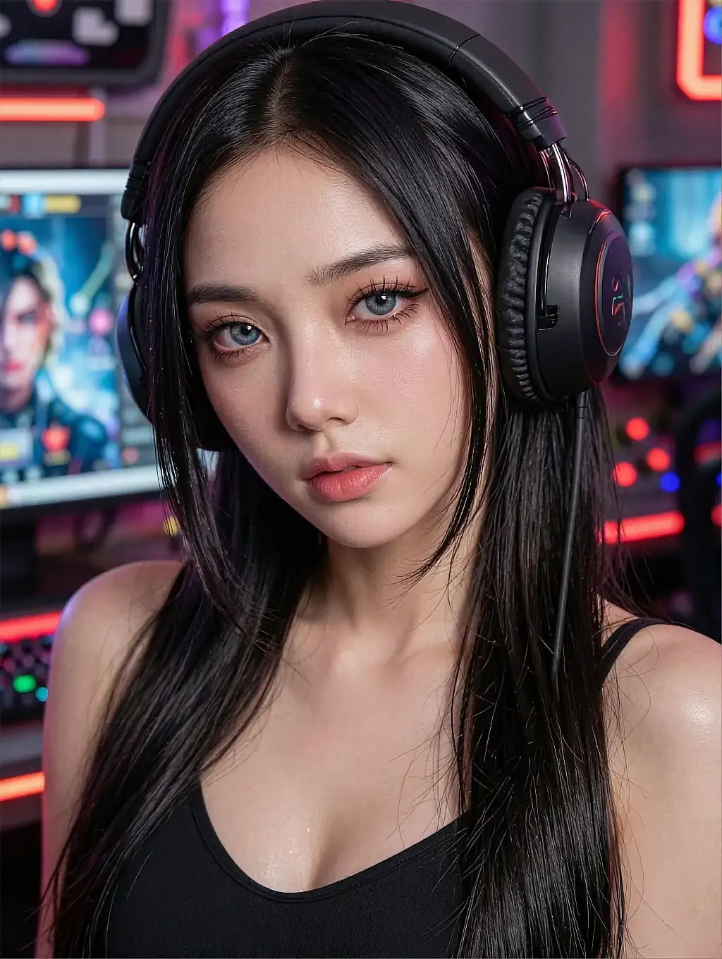 Fictional AI character in a black top wearing large headphones in a neon room